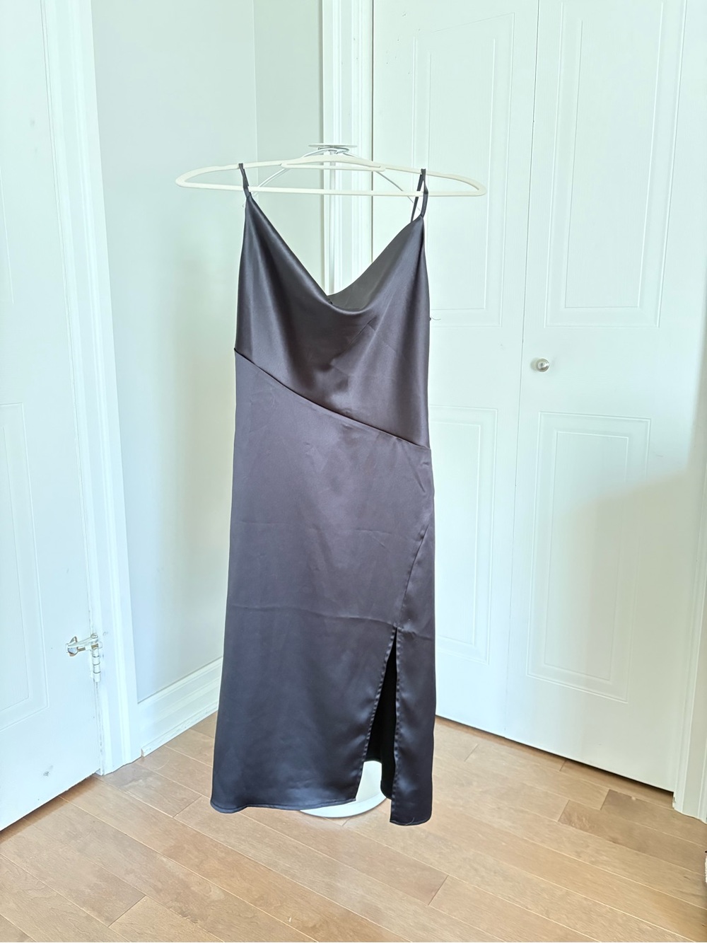 Zara - Satin Slip Midi Dress with Side Slit - Black